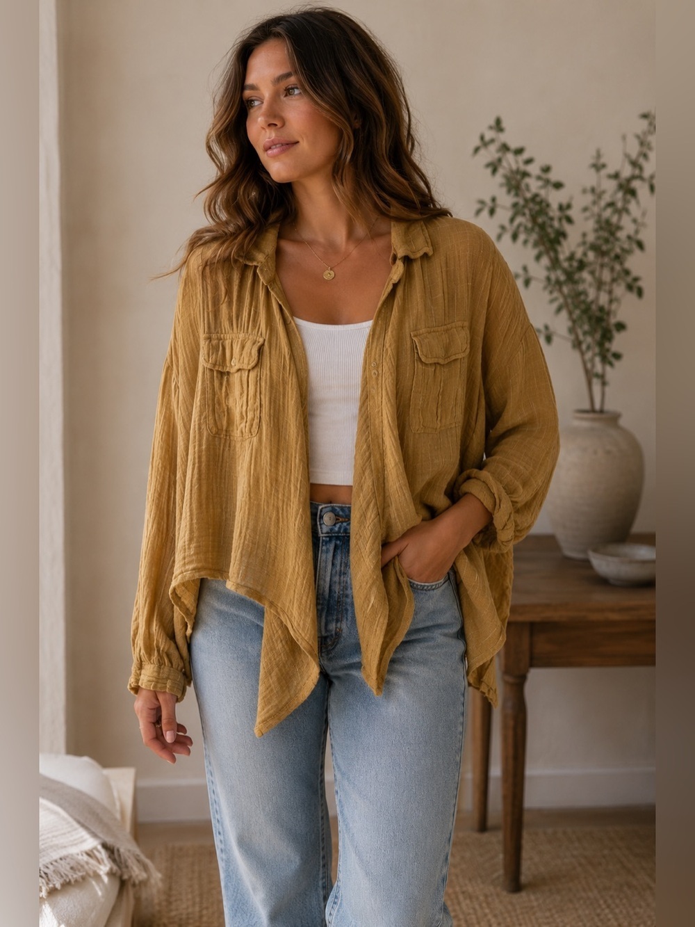 Free People One Yellow Asymmetrical Long Sleeve Open Blouse Women’s S